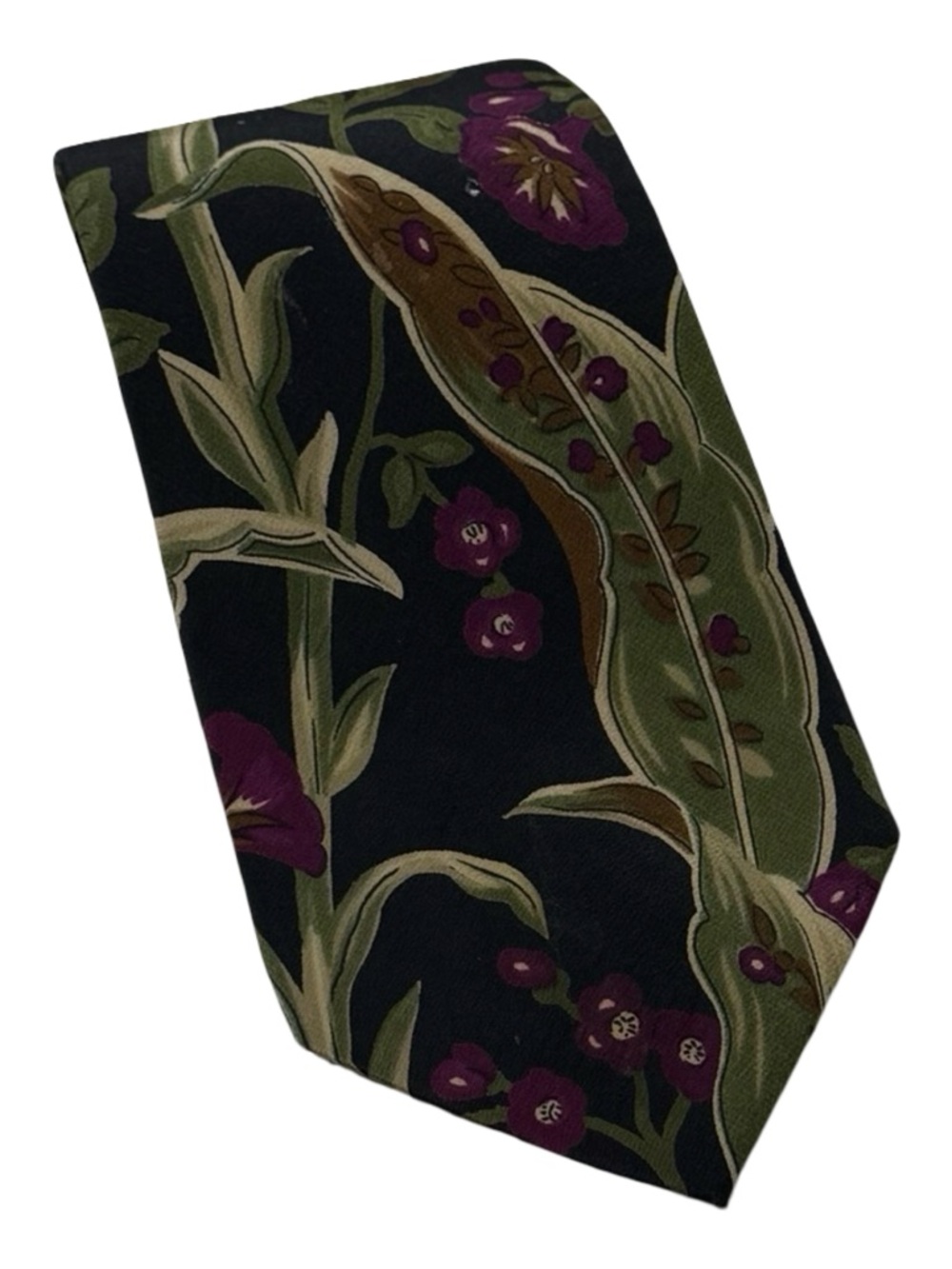 Vtg  Pierre Cardin Mens Floral Silk Tie in Black and Olive with Purple Accents